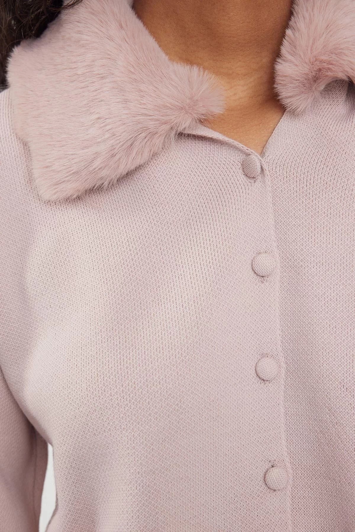 Women Fashion Stylish Regular Polo Collar Regular Fur Detail Knitwear Cardigan