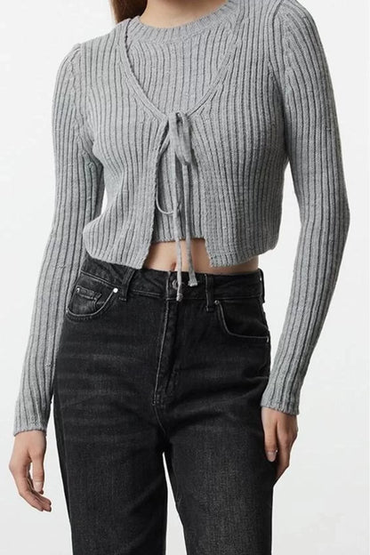 Women Fashion Stylish Crop V Neck Slim Crop Blouse-Cardigan Set Knitwear Cardigan