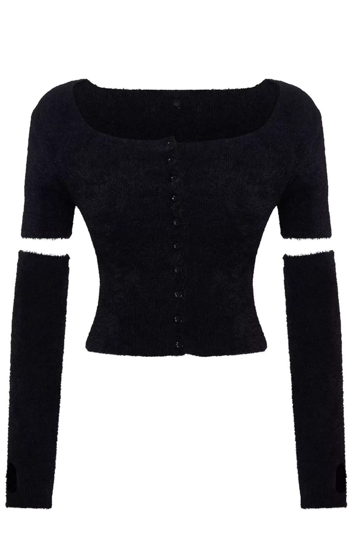 Women Fashion Stylish Crop Square Neck Slim Crop Furry Knitwear Cardigan