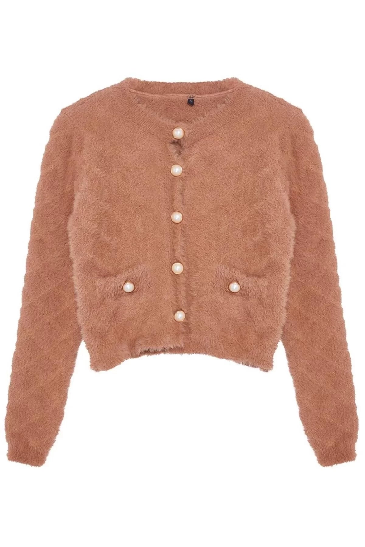 Women Fashion Stylish Crop Crew Neck Regular Crop Furry Jacket Look Knitwear Cardigan