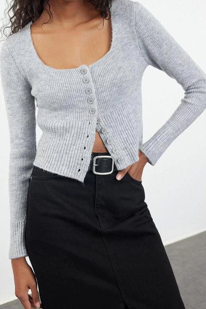 Women Fashion Stylish Crop Square Collar Regular Crop Square Collar Knitwear Cardigan