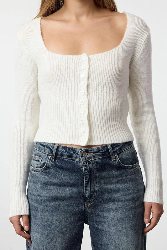 Women Fashion Stylish Crop Square Collar Regular Crop Square Collar Knitwear Cardigan