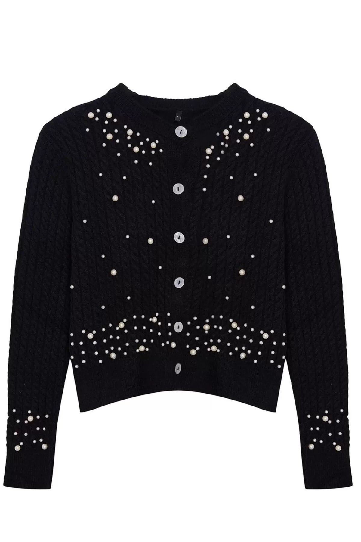 Women Fashion Stylish Crop Crew Neck Slim Crop Soft Texture Pearl Detail Jacket Look Knitwear Cardigan