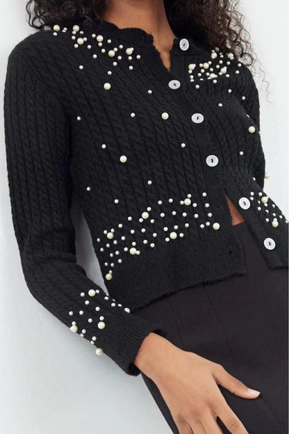 Women Fashion Stylish Crop Crew Neck Slim Crop Soft Texture Pearl Detail Jacket Look Knitwear Cardigan