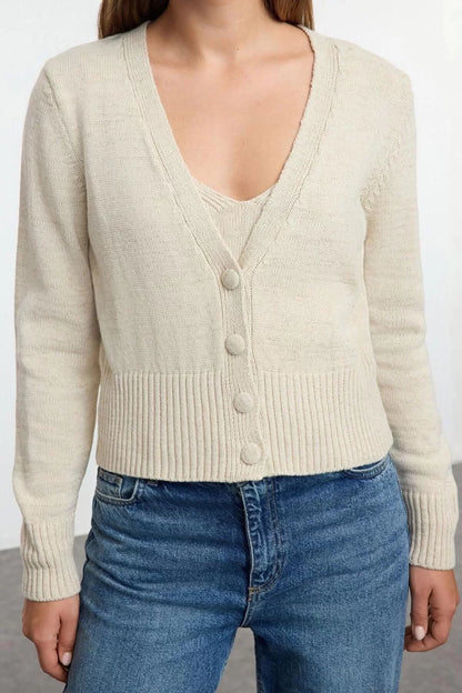 Women Fashion Stylish Crop V Neck Regular Crop Blouse-Cardigan Set Knitwear Cardigan