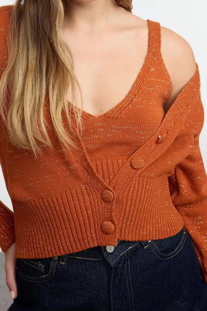 Women Fashion Stylish Crop V Neck Regular Crop Blouse-Cardigan Set Knitwear Cardigan