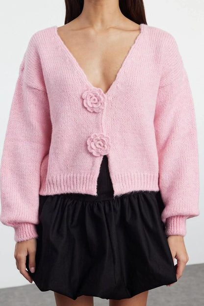 Women Fashion Stylish Regular V Neck Slim Rose Detailed Knitwear Cardigan