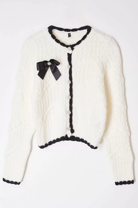 Women Fashion Stylish Regular Crew Neck Slim Ribbon Bow Detailed Beaded Knitwear Cardigan