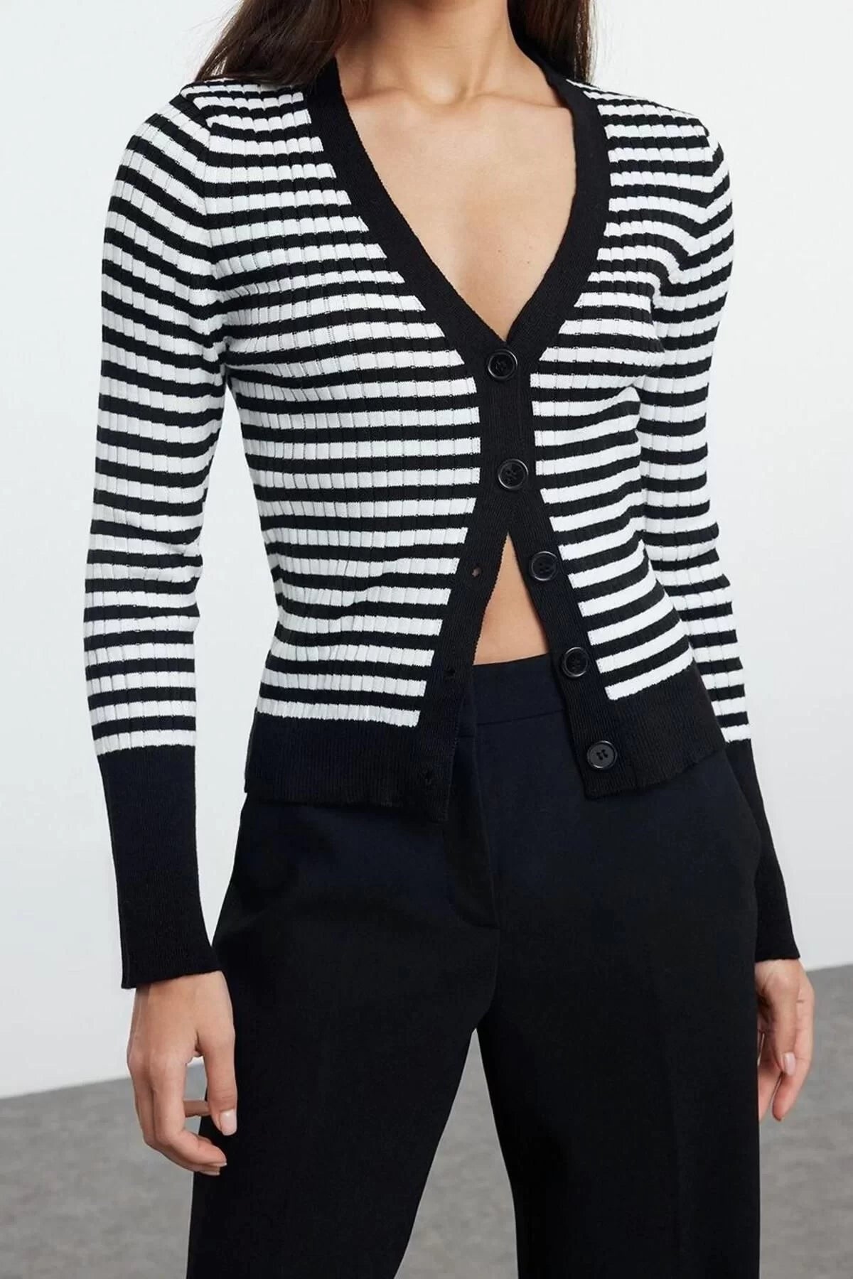 Women Fashion Stylish Regular V Neck Slim Striped Knitwear Cardigan