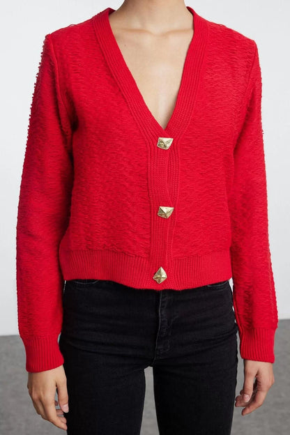 Women Fashion Stylish Regular V Neck Slim Rose Button Detail Knitwear Cardigan