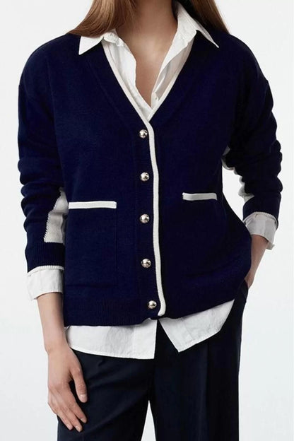 Women Fashion Stylish Regular V Neck Oversize Color Block Wide Pattern Knitwear Cardigan