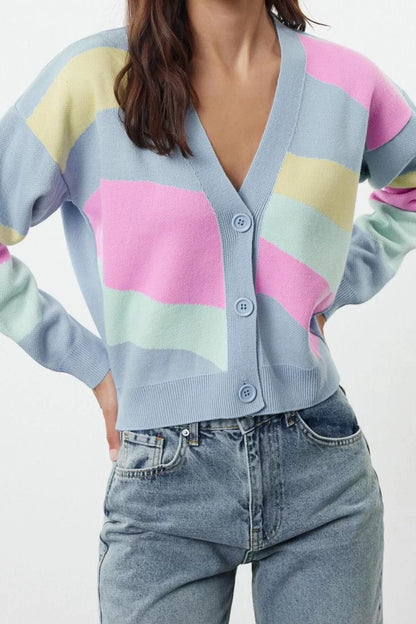 Women Fashion Stylish Regular V Neck Regular Color Block Knitwear Cardigan