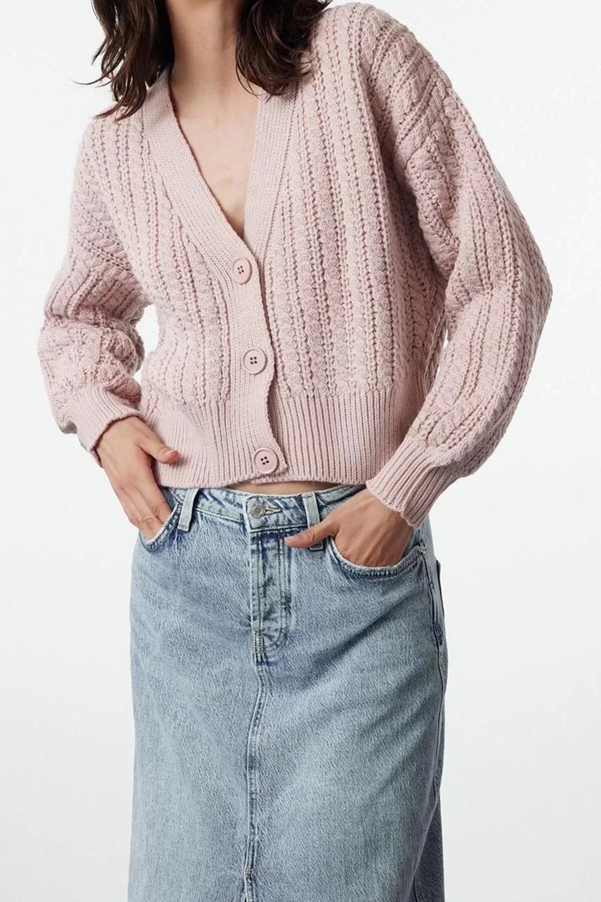 Women Fashion Stylish Crop V Neck Regular Crop Soft Textured Knitwear Cardigan