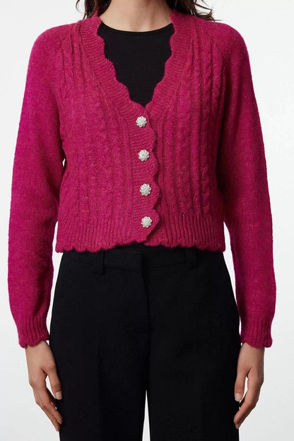 Women Fashion Stylish Crop V Neck Regular Crop Soft Textured Knitwear Cardigan