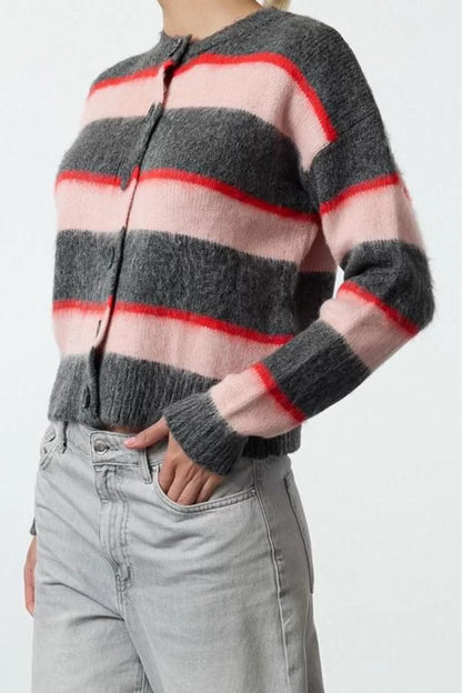 Women Fashion Stylish Regular Crew Neck Regular Soft Texture Color Block Jacket Look Knitwear Cardigan