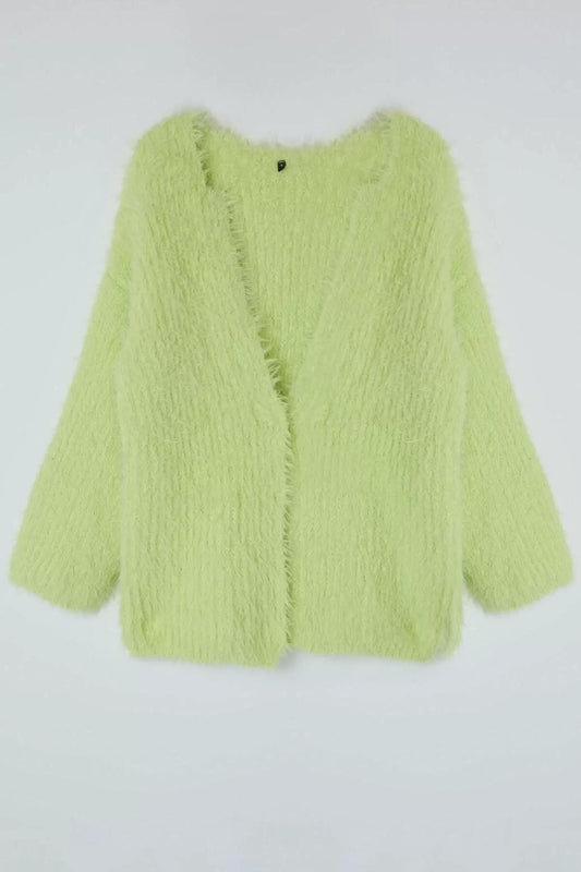 Women Fashion Stylish Regular V Neck Regular Furry Coat Look Knitwear Cardigan