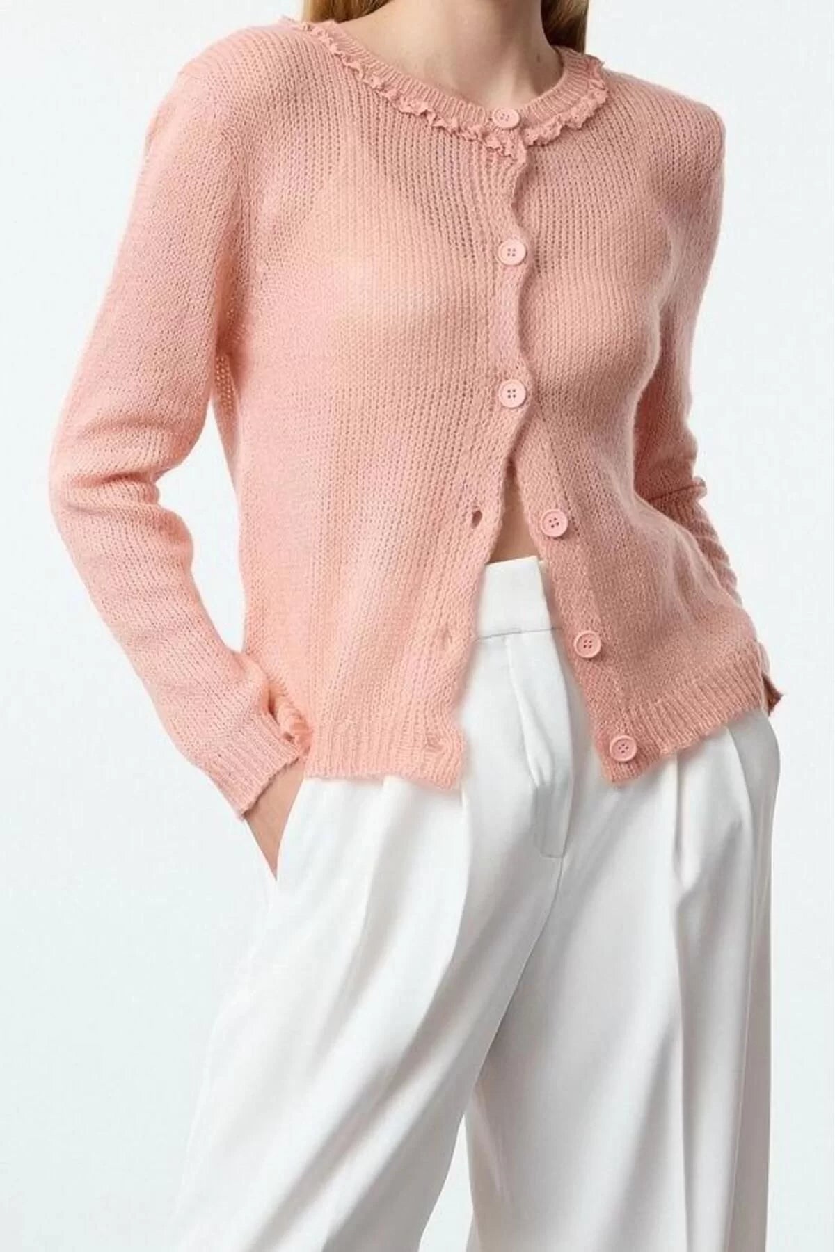 Women Fashion Stylish Regular Crew Neck Regular Soft Textured Tulle Embroidered Knitwear Cardigan