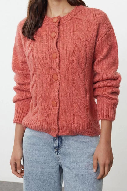 Women Fashion Stylish Regular Crew Neck Regular Soft Textured Knit Detailed Knitwear Cardigan