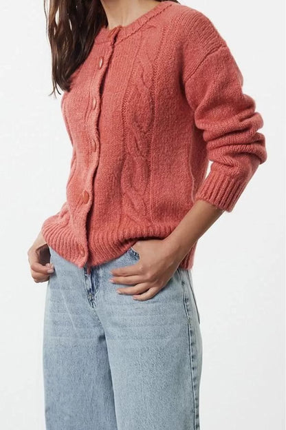 Women Fashion Stylish Regular Crew Neck Regular Soft Textured Knit Detailed Knitwear Cardigan