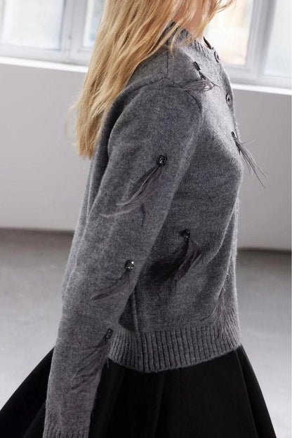 Women Fashion Stylish Regular Crew Neck Regular Stone And Feather Detailed Knitwear Cardigan