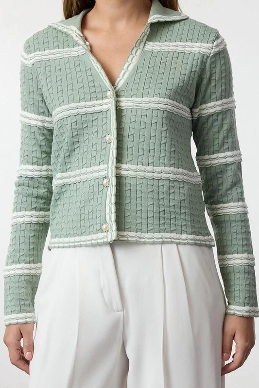 Women Fashion Stylish Regular Polo Collar Regular Textured Striped Knitwear Cardigan