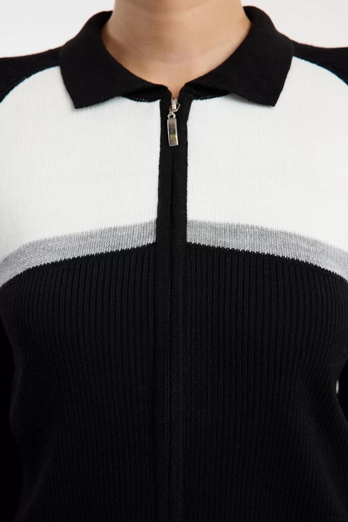 Women Fashion Stylish Regular Stand Collar Regular Soft Texture Color Block Zippered Knitwear Cardigan