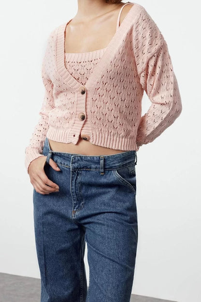 Women Fashion Stylish Crop V Neck Crop Openwork Hole Crop Knitwear Cardigan