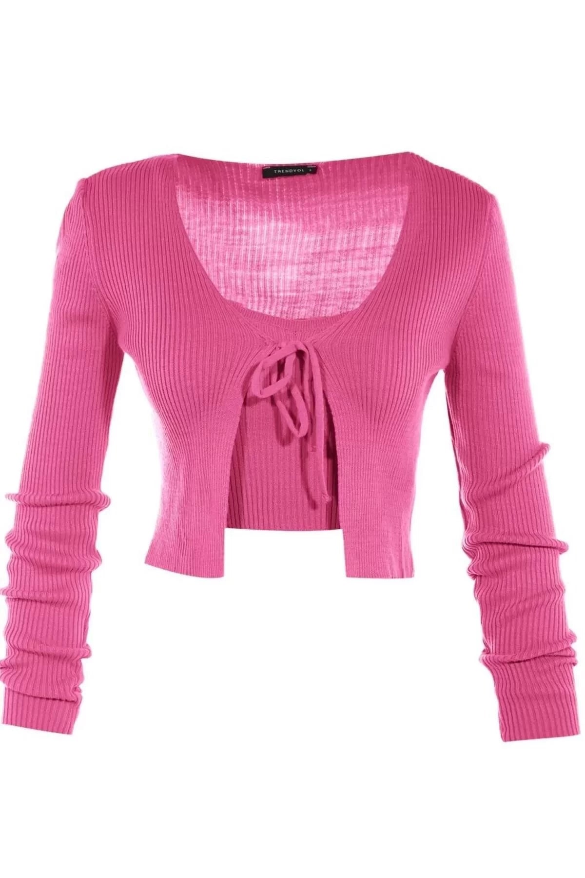 Women's Fashion Stylish Crop V Neck Slim Crop Tie Detail Blouse-Cardigan Knitwear Set