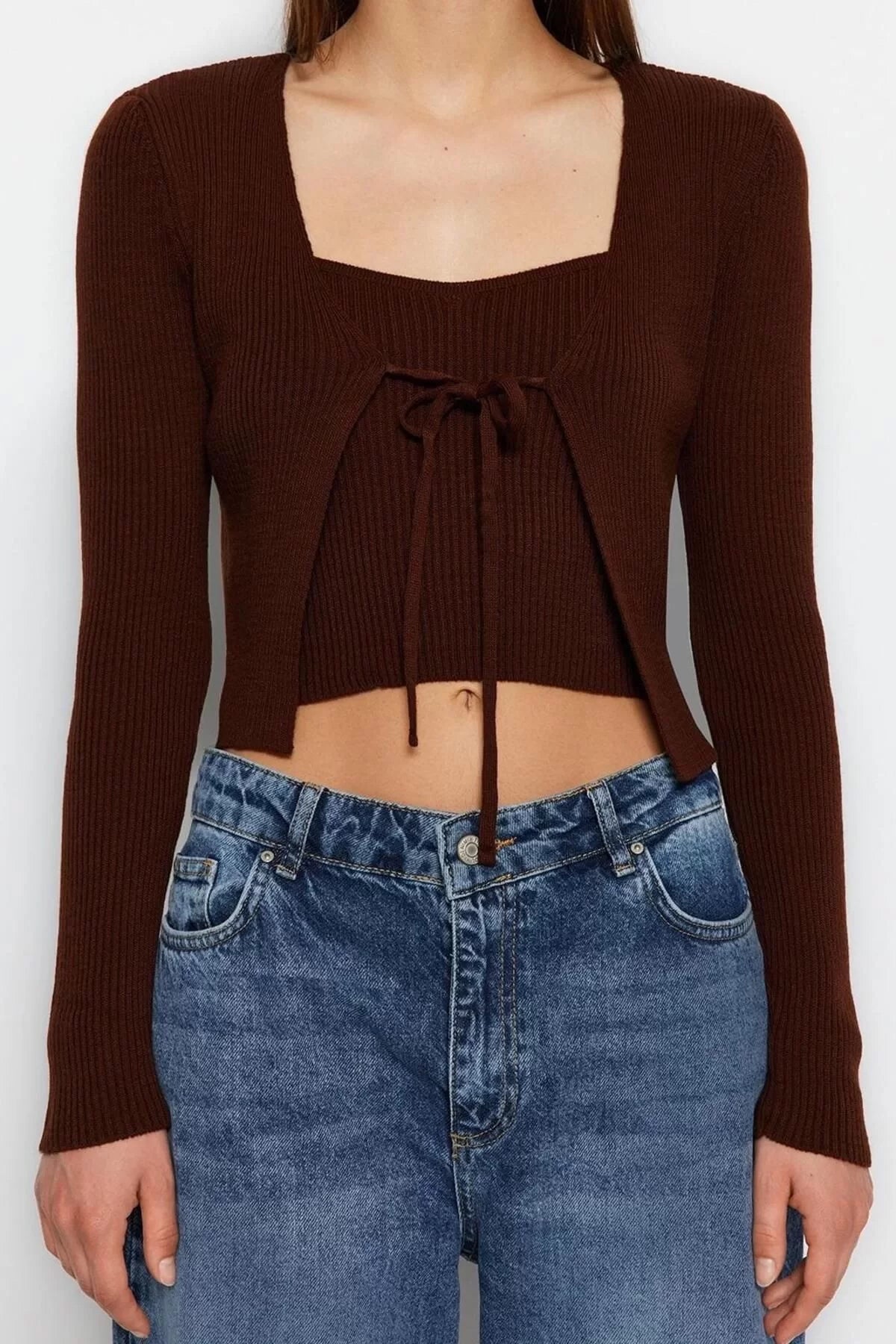 Women's Fashion Stylish Crop V Neck Slim Crop Tie Detail Blouse-Cardigan Knitwear Set