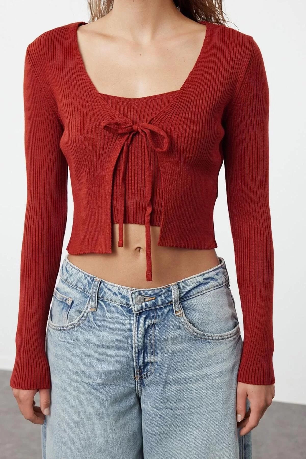 Women's Fashion Stylish Crop V Neck Slim Crop Tie Detail Blouse-Cardigan Knitwear Set