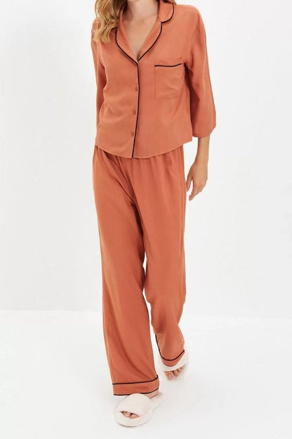 Women's Viscose Shirt Collar Three Quarter Sleeve Piping Viscose Shirt-Pants Woven Pajama Set