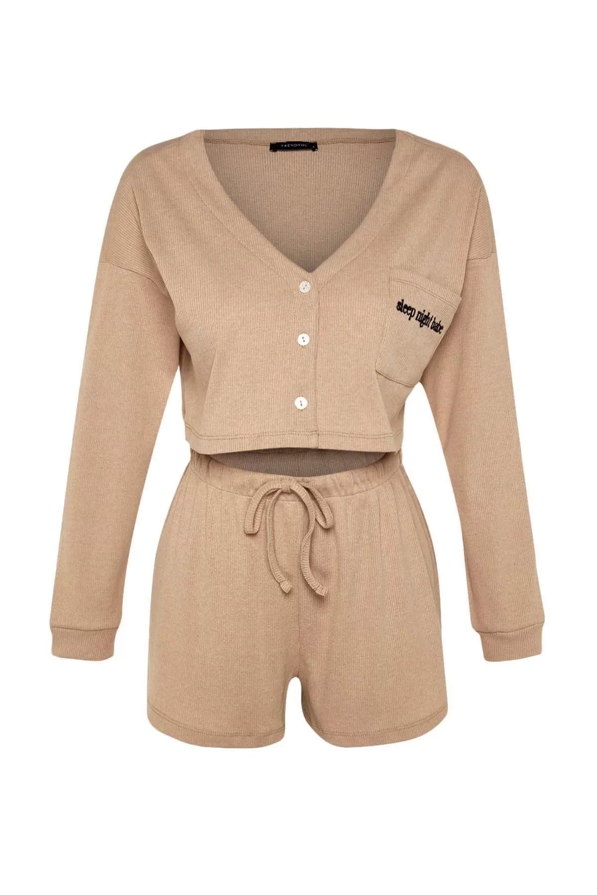 Women's Cotton V Neck Long Sleeve Embroidered Corduroy Cotton Cardigan-Shorts Knitted Pajama Set