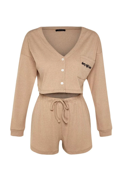 Women's Cotton V Neck Long Sleeve Embroidered Corduroy Cotton Cardigan-Shorts Knitted Pajama Set