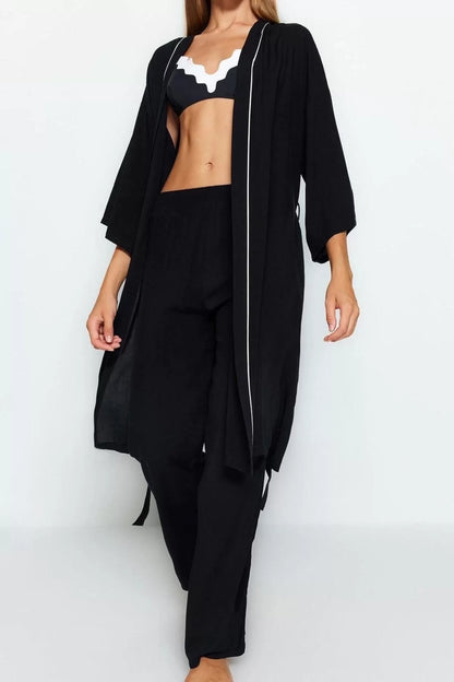 Women's Viscose Shawl Collar Long Sleeve 2-Piece Viscose Piping Dressing Gown-Pajama Bottom Woven Pajama Set