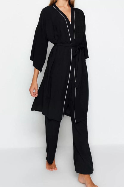 Women's Viscose Shawl Collar Long Sleeve 2-Piece Viscose Piping Dressing Gown-Pajama Bottom Woven Pajama Set