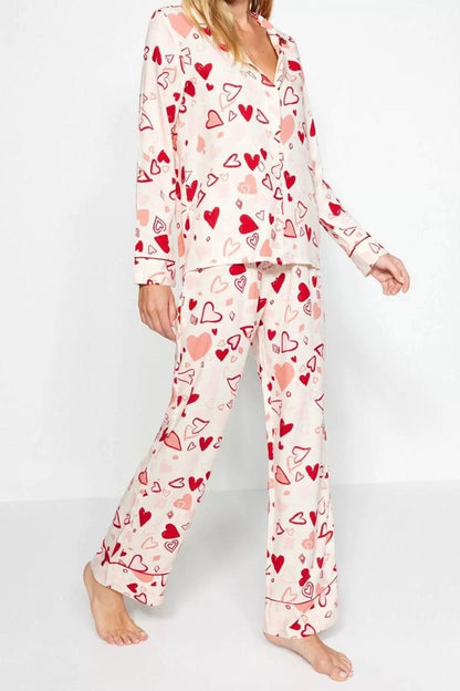 Women's Viscose Shirt Collar Long Sleeve Heart-shaped Piping Detailed Viscose Shirt-Pants Woven Pajama Set