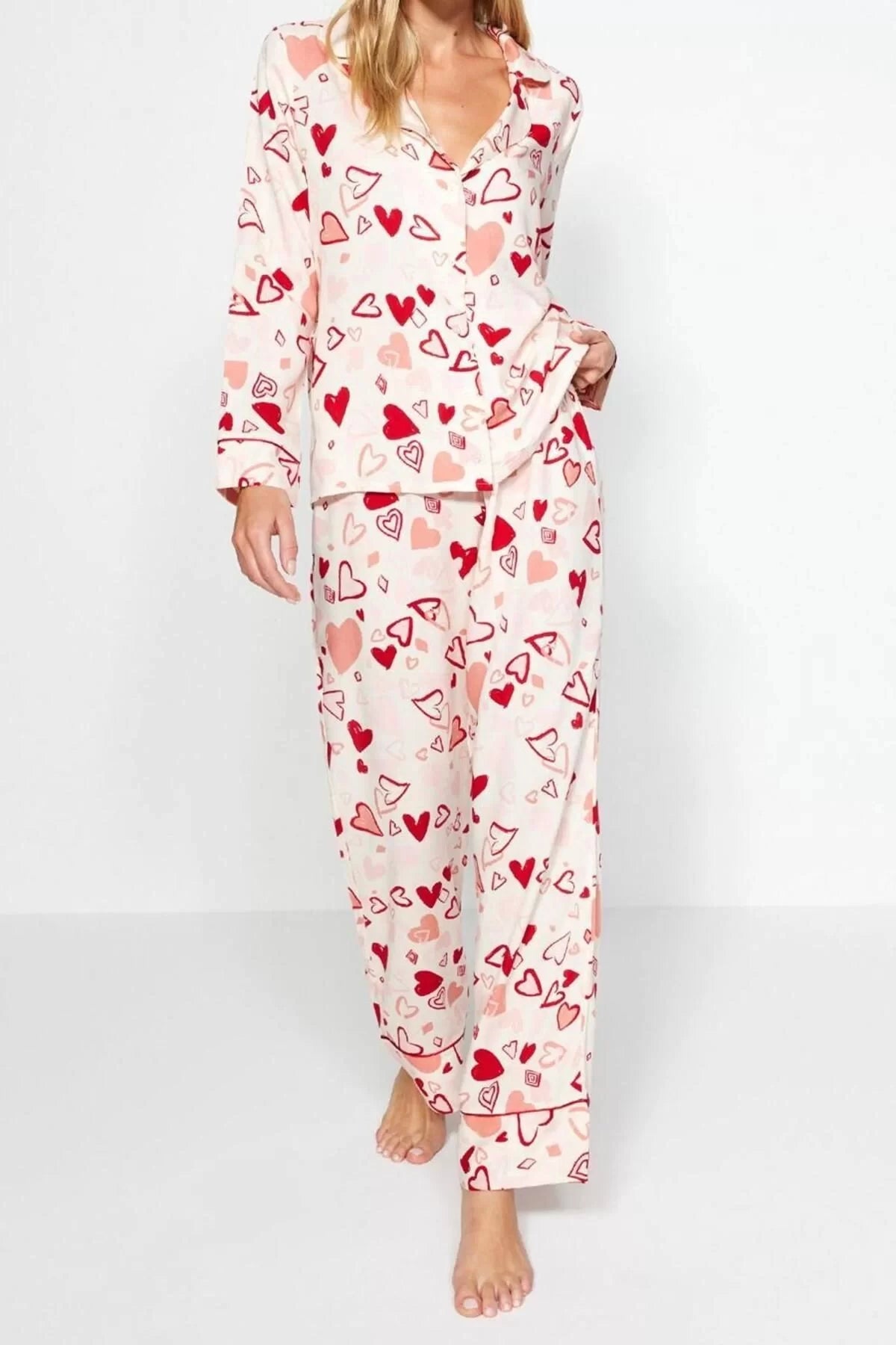 Women's Viscose Shirt Collar Long Sleeve Heart-shaped Piping Detailed Viscose Shirt-Pants Woven Pajama Set