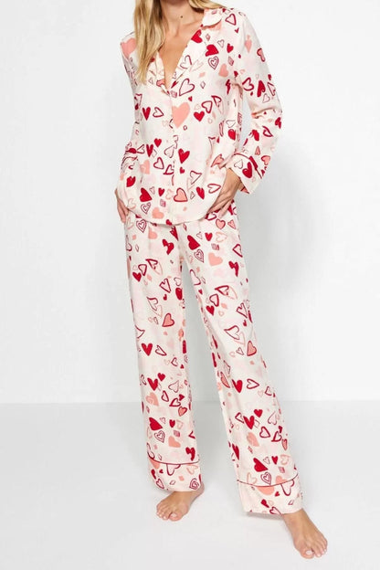 Women's Viscose Shirt Collar Long Sleeve Heart-shaped Piping Detailed Viscose Shirt-Pants Woven Pajama Set