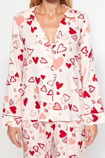 Women's Viscose Shirt Collar Long Sleeve Heart-shaped Piping Detailed Viscose Shirt-Pants Woven Pajama Set