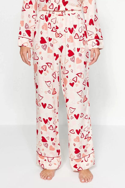 Women's Viscose Shirt Collar Long Sleeve Heart-shaped Piping Detailed Viscose Shirt-Pants Woven Pajama Set