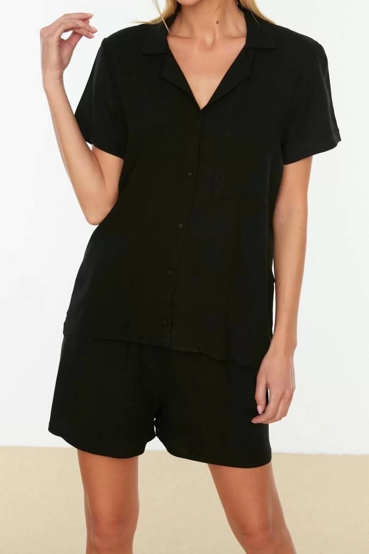 Women's Viscose Shirt Collar Short Sleeve Viscose Shirt-Shorts Woven Pajama Set