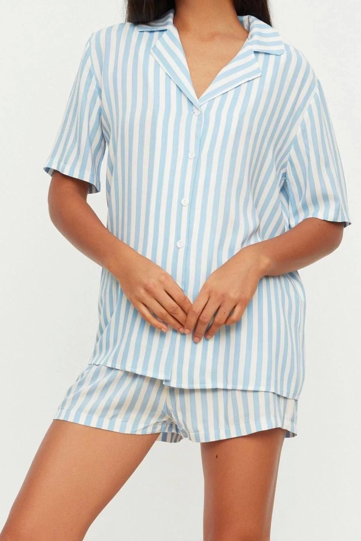 Women's Viscose Shirt Collar Short Sleeve Striped Viscose Top Wide Pattern Shirt-Shorts Woven Pajama Set