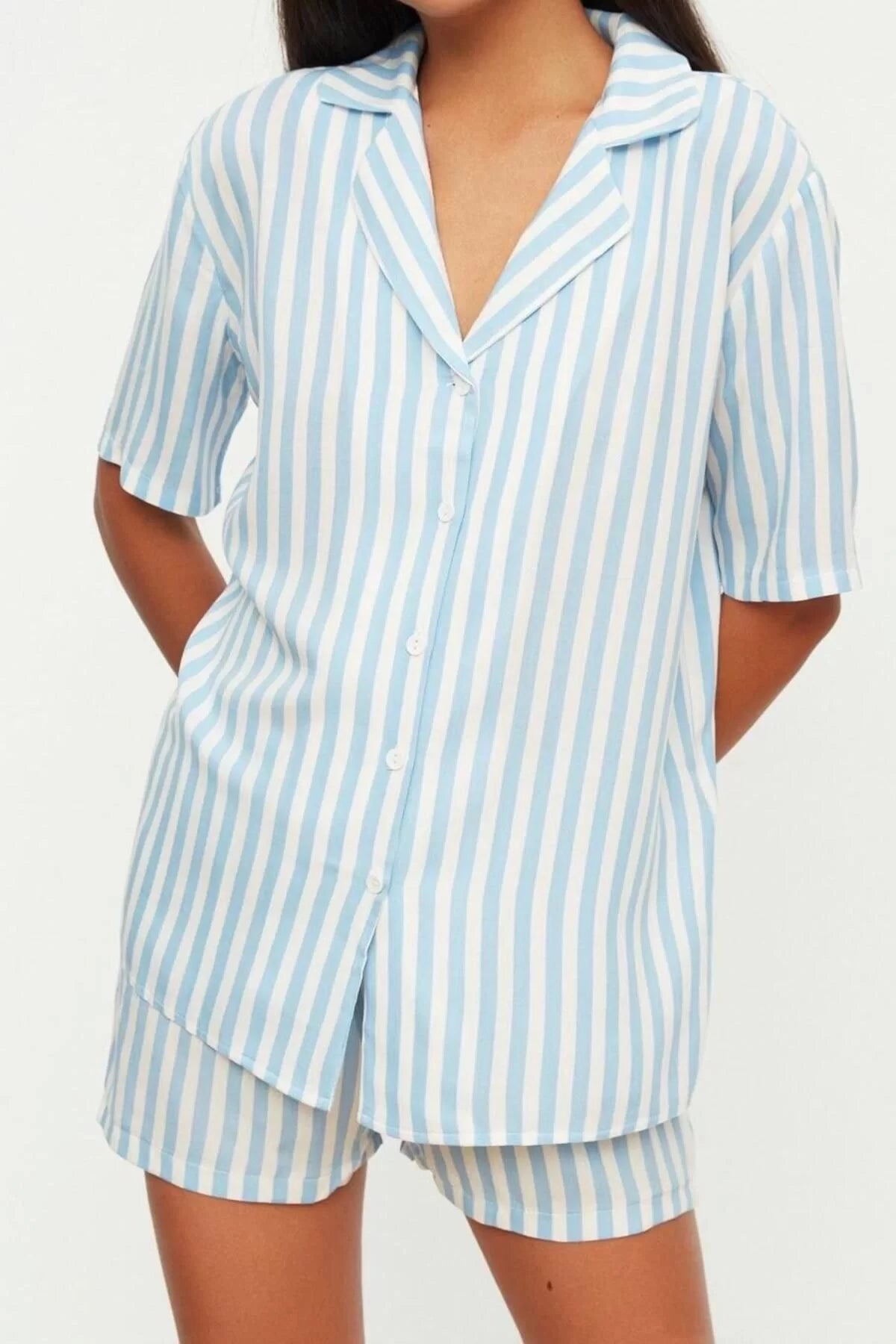 Women's Viscose Shirt Collar Short Sleeve Striped Viscose Top Wide Pattern Shirt-Shorts Woven Pajama Set