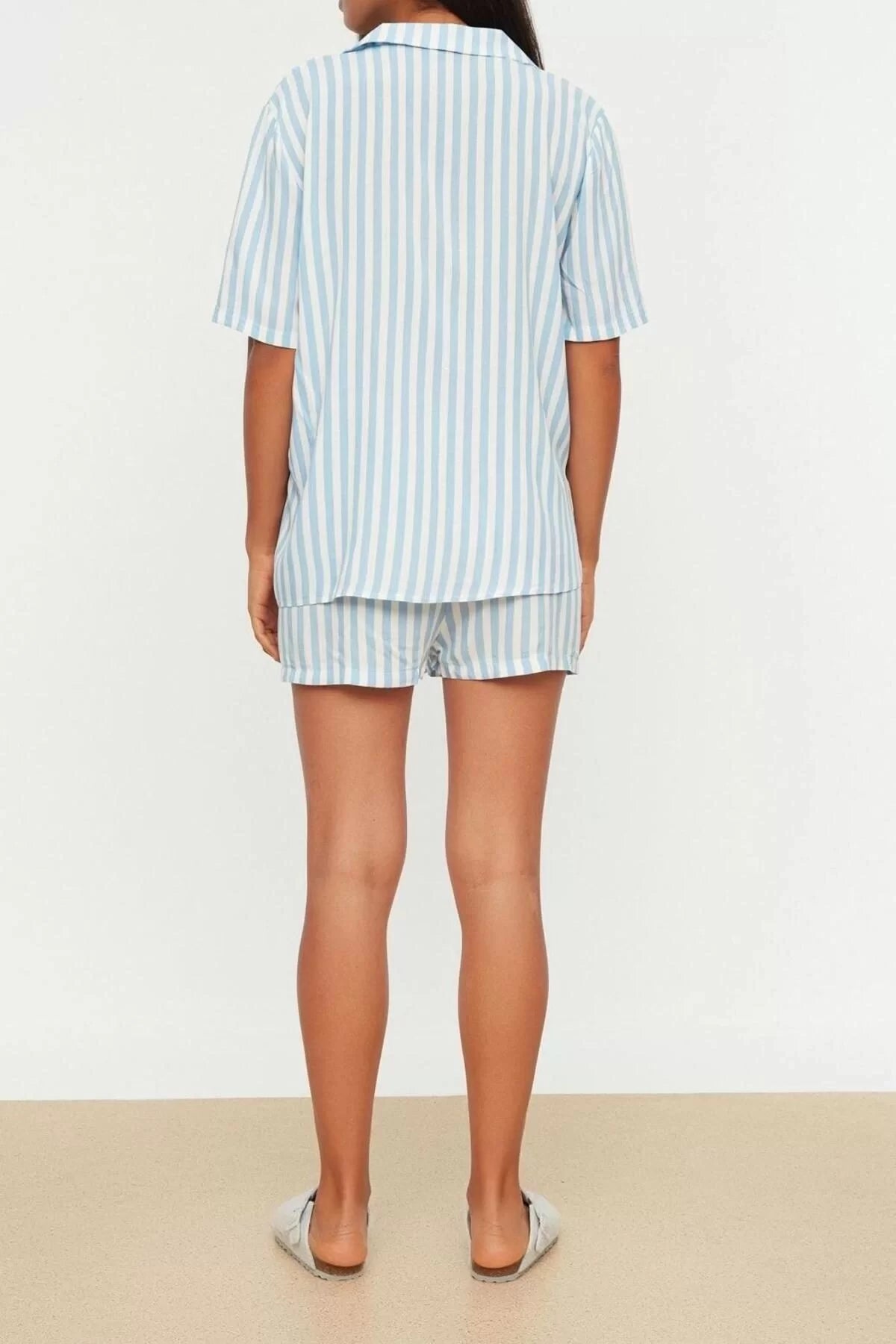 Women's Viscose Shirt Collar Short Sleeve Striped Viscose Top Wide Pattern Shirt-Shorts Woven Pajama Set