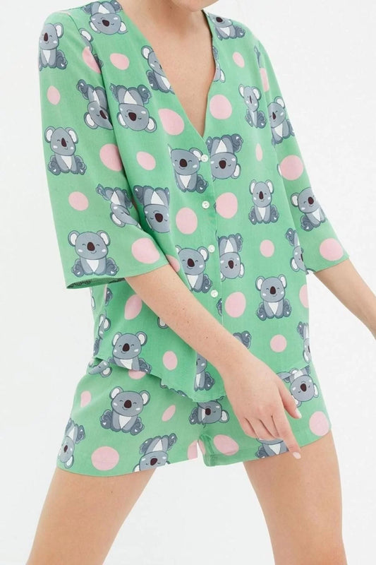 Women's Viscose V Neck Long Sleeve Koala Patterned Viscose Shirt-Shorts Woven Pajama Set