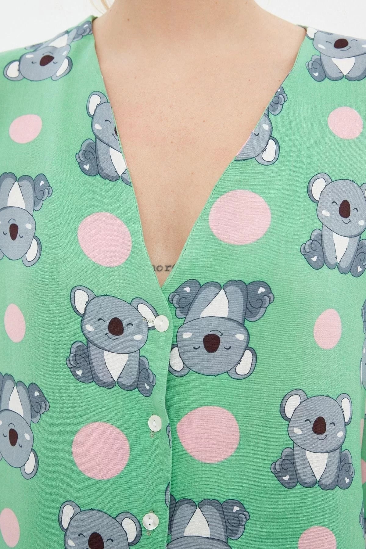 Women's Viscose V Neck Long Sleeve Koala Patterned Viscose Shirt-Shorts Woven Pajama Set