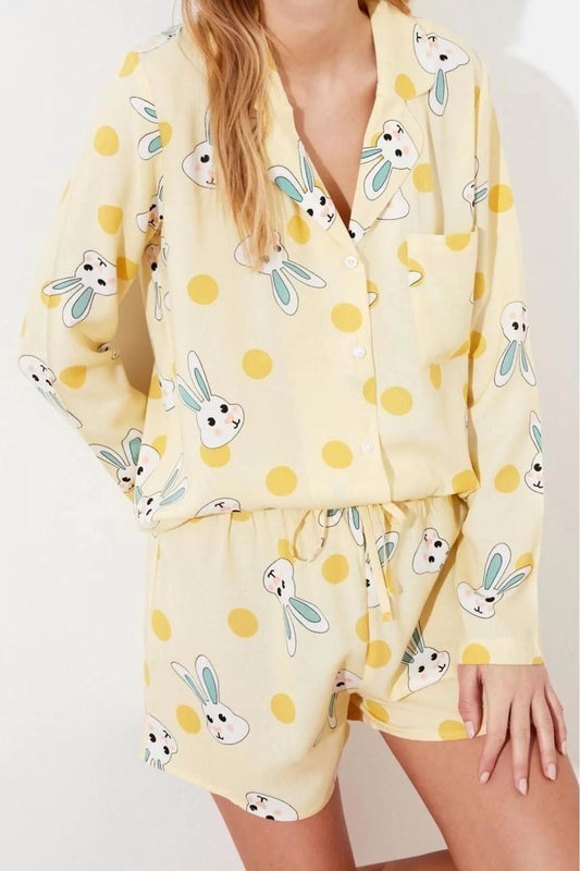 Women's Viscose Shirt Collar Long Sleeve Rabbit Patterned Viscose Shirt-Shorts Woven Pajama Set