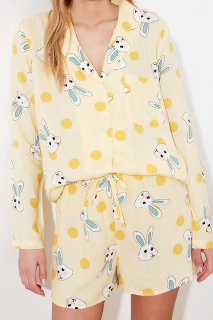 Women's Viscose Shirt Collar Long Sleeve Rabbit Patterned Viscose Shirt-Shorts Woven Pajama Set