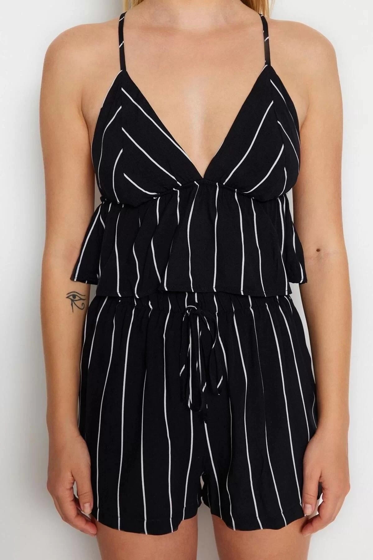 Women's Viscose V Neck Strapless Sleeve Striped Back Detailed Rope Strap Viscose Woven Pajama Set