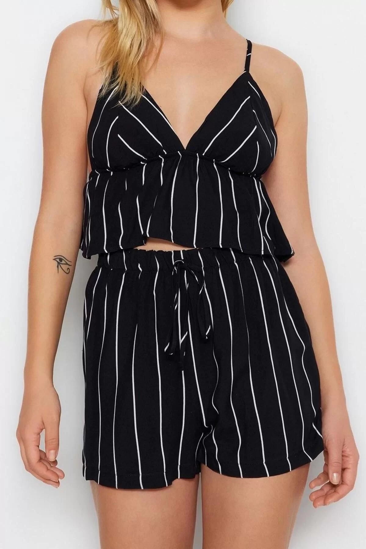 Women's Viscose V Neck Strapless Sleeve Striped Back Detailed Rope Strap Viscose Woven Pajama Set